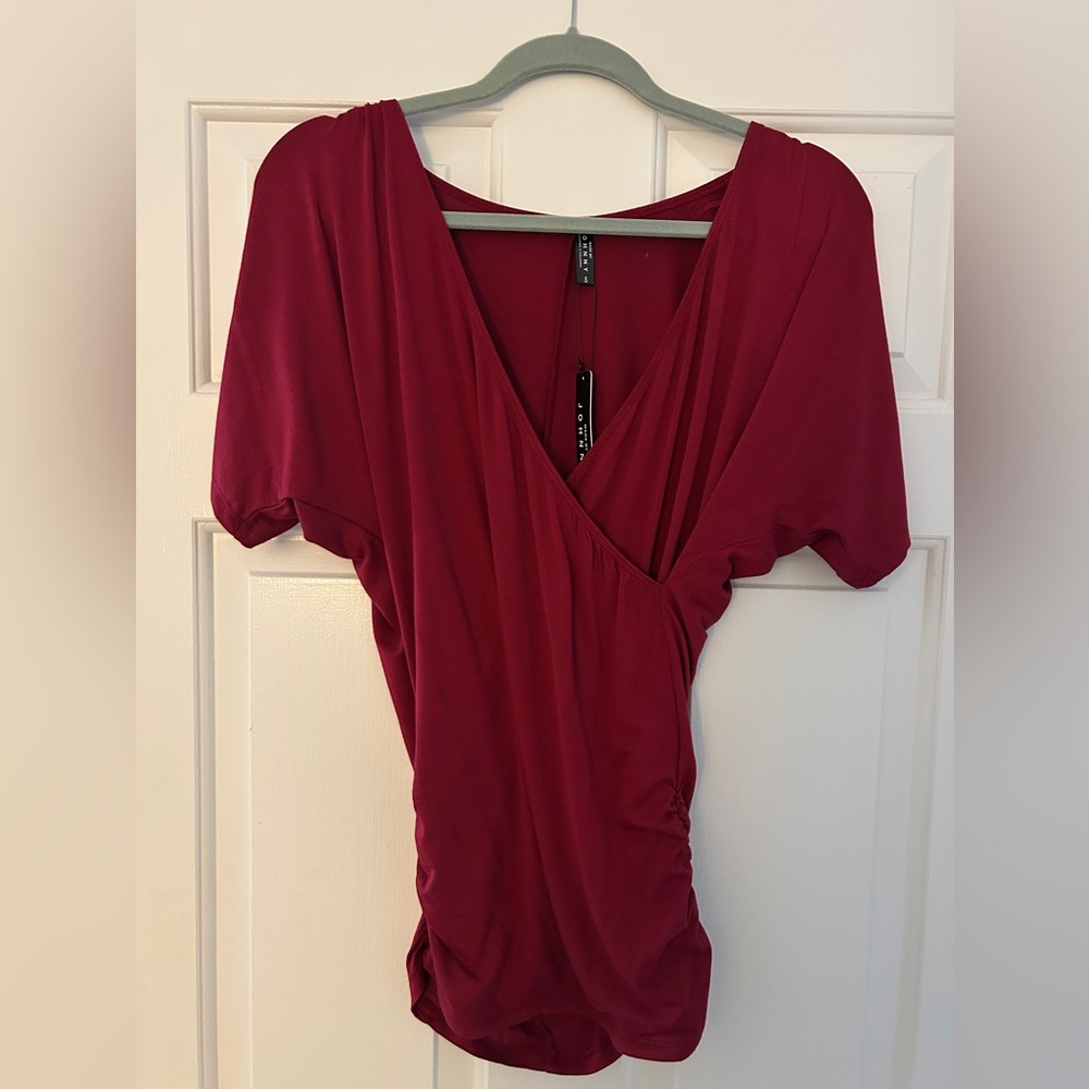Made By Johnny women’s v neck short sleeve wrap front top, small, wine, NWT